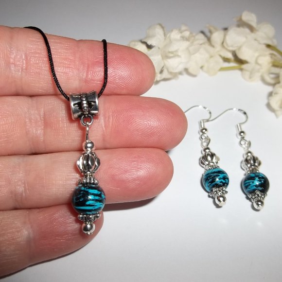Funky Necklace Set Jewelry Earring Blue Black Matching Colorful Gift Idea 6677 - Picture 6 of 9